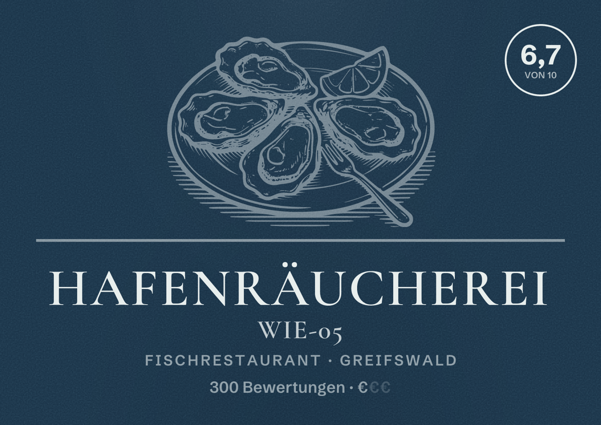 Illustriertes Poster von Hafenräucherei Wie-05, Fischrestaurant in Greifswald: Bewertung 6,7 von 10 aus 300 Bewertungen, Preisniveau €