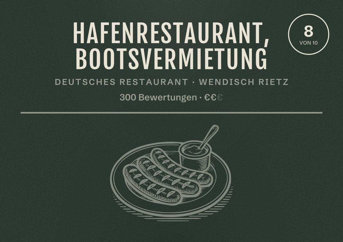 Illustriertes Poster von Hafenrestaurant, Bootsvermietung, Deutsches Restaurant in Wendisch Rietz: Bewertung 8 von 10 aus 300 Bewertungen, Preisniveau €€