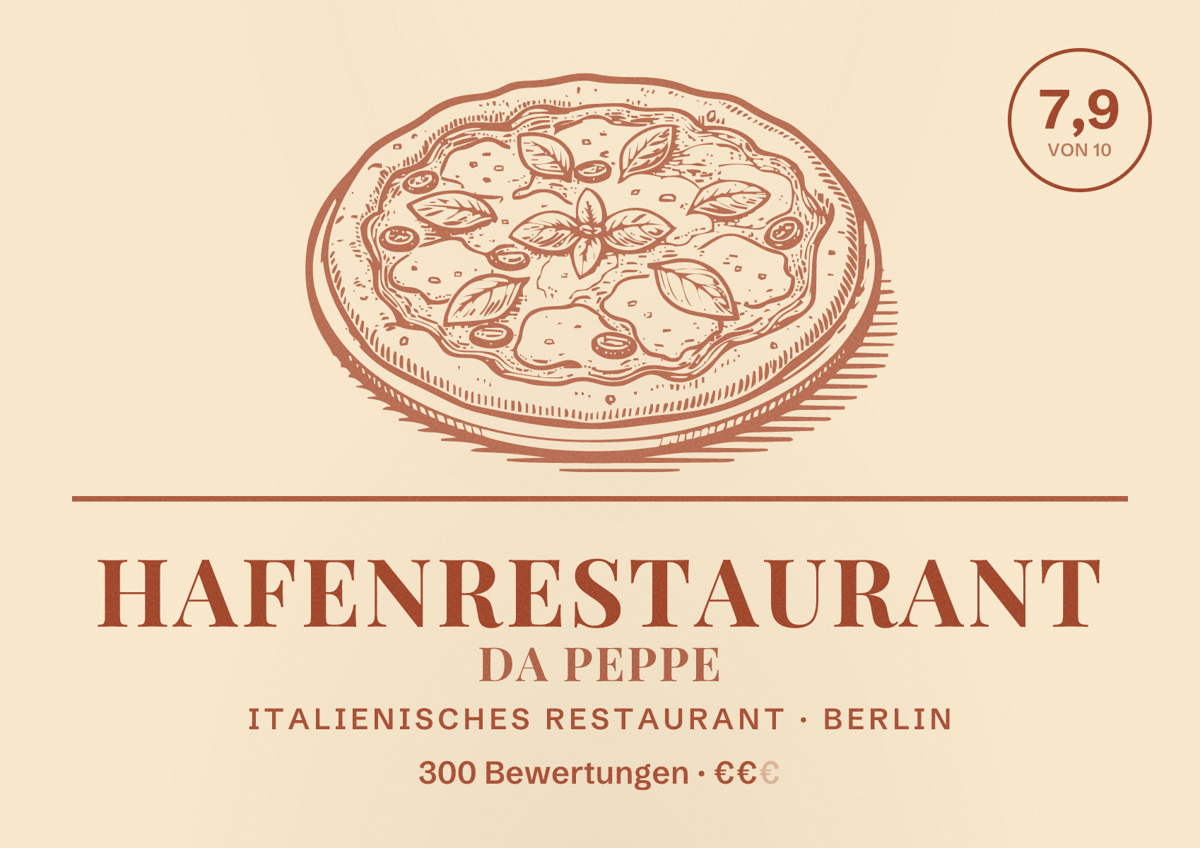 Illustriertes Poster von Hafenrestaurant Da Peppe, Italienisches Restaurant in Berlin: Bewertung 7,9 von 10 aus 300 Bewertungen, Preisniveau €€