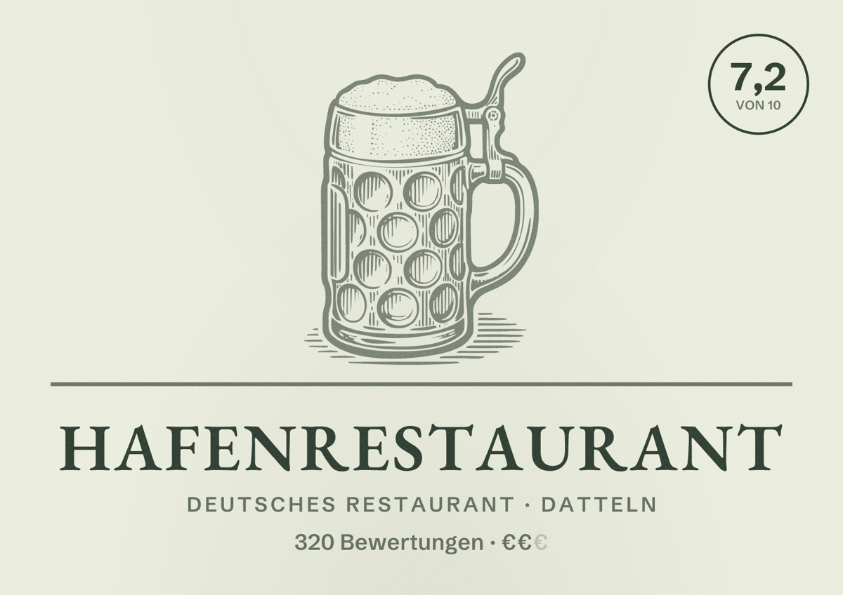 Illustriertes Poster von Hafenrestaurant, Deutsches Restaurant in Datteln: Bewertung 7,2 von 10 aus 320 Bewertungen, Preisniveau €€
