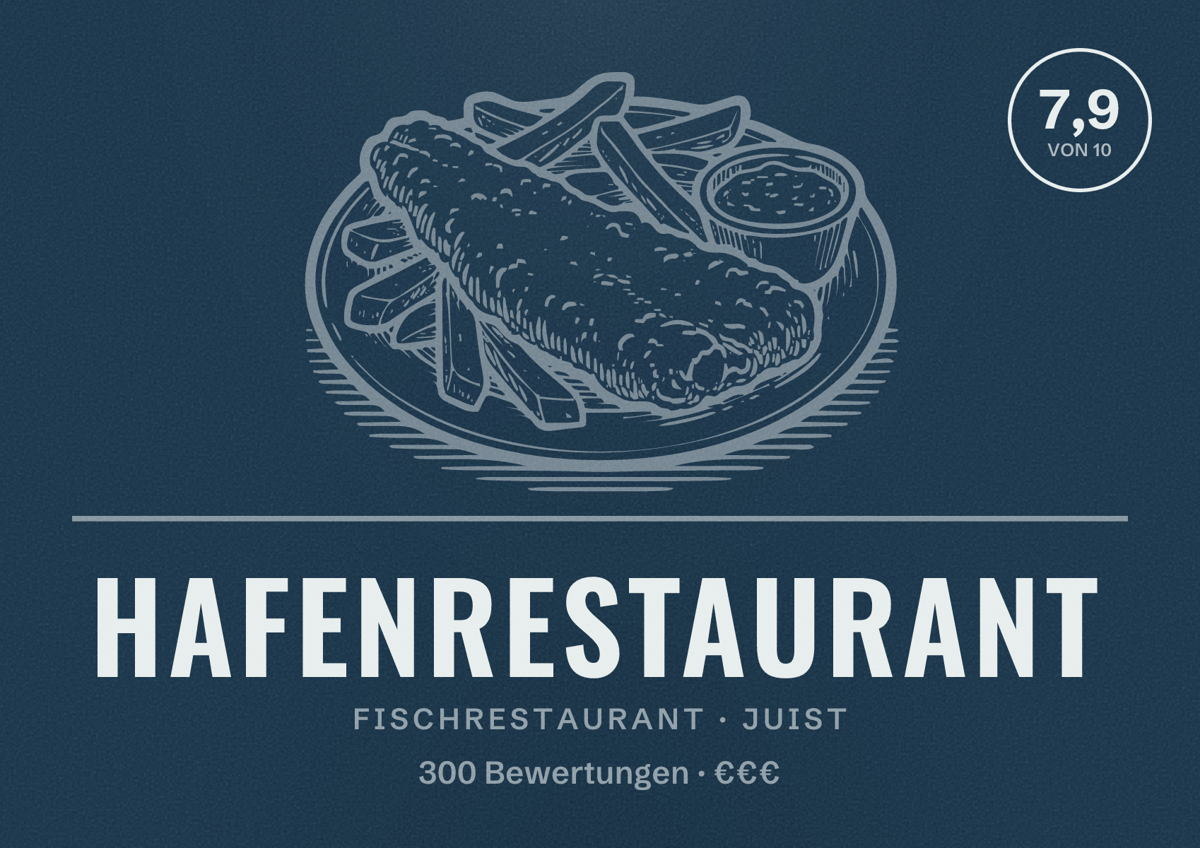 Illustriertes Poster von Hafenrestaurant, Fischrestaurant in Juist: Bewertung 7,9 von 10 aus 300 Bewertungen, Preisniveau €€€