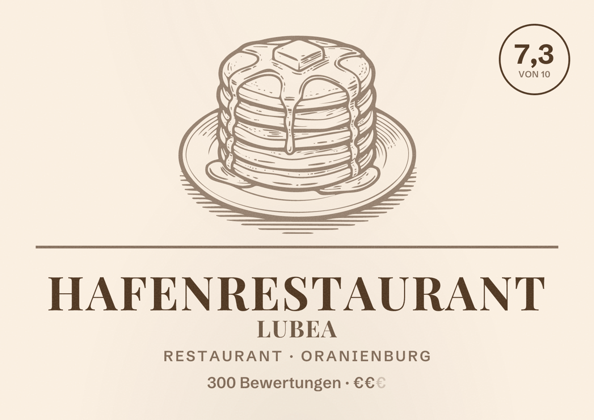 Illustriertes Poster von Hafenrestaurant LuBea, Restaurant in Oranienburg: Bewertung 7,3 von 10 aus 300 Bewertungen, Preisniveau €€
