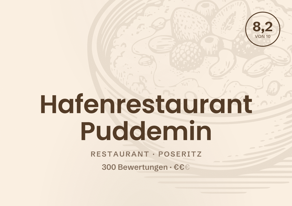 Illustriertes Poster von Hafenrestaurant Puddemin, Restaurant in Poseritz: Bewertung 8,2 von 10 aus 300 Bewertungen, Preisniveau €€