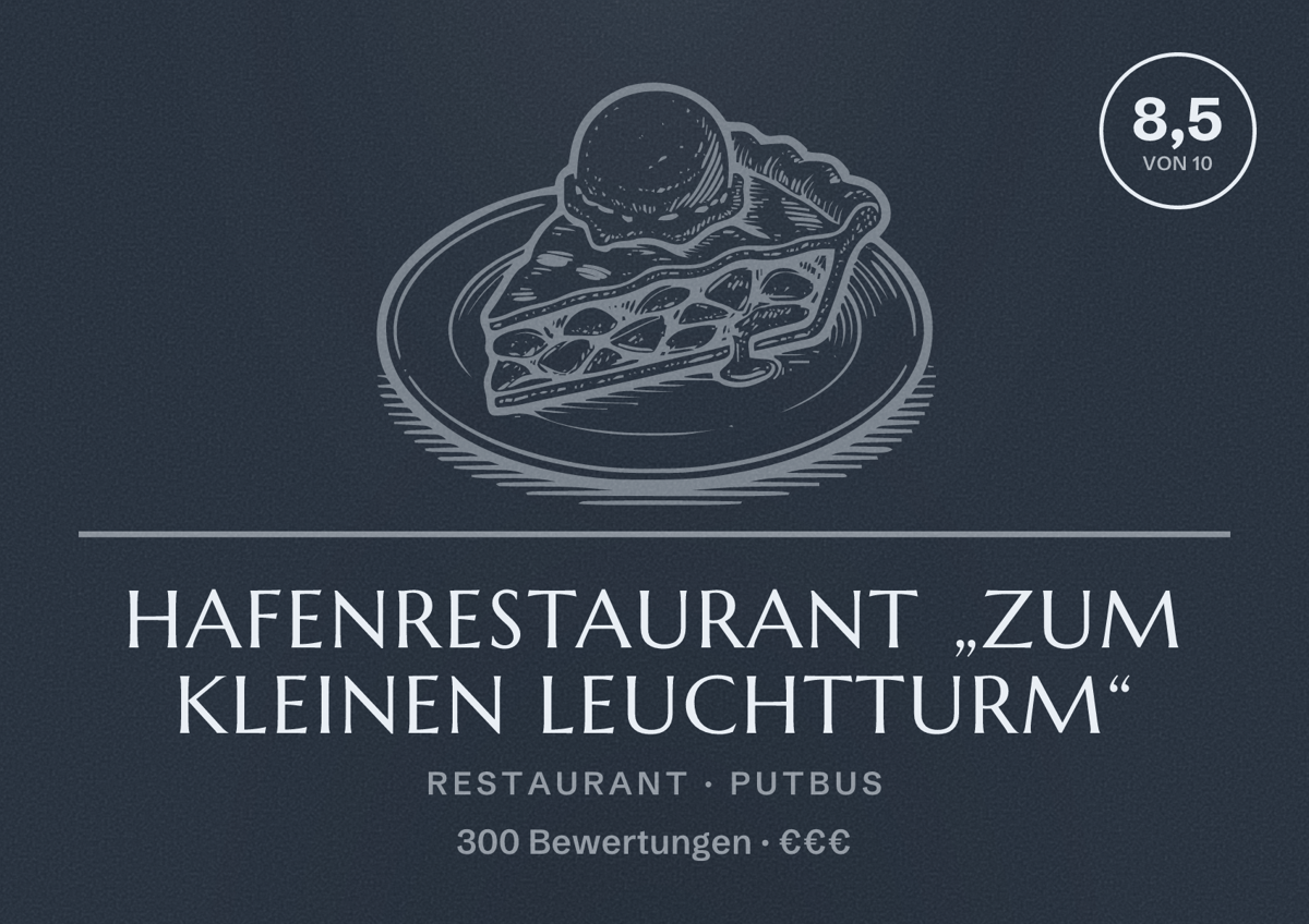 Illustriertes Poster von Hafenrestaurant „Zum kleinen Leuchtturm“, Restaurant in Putbus: Bewertung 8,5 von 10 aus 300 Bewertungen, Preisniveau €€€