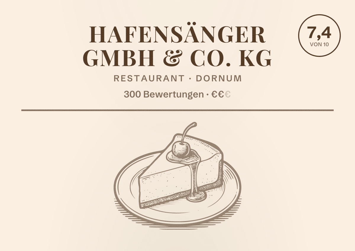 Illustriertes Poster von Hafensänger GmbH & Co. KG, Restaurant in Dornum: Bewertung 7,4 von 10 aus 300 Bewertungen, Preisniveau €€