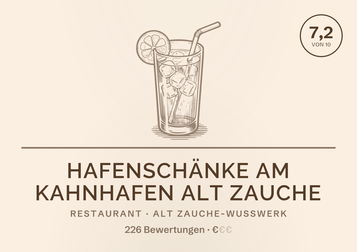 Illustriertes Poster von Hafenschänke am Kahnhafen Alt Zauche, Restaurant in Alt Zauche-Wußwerk: Bewertung 7,2 von 10 aus 226 Bewertungen, Preisniveau €