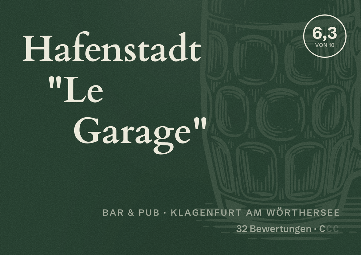 Illustriertes Poster von Hafenstadt "Le Garage", Bar & Pub in Klagenfurt am Wörthersee: Bewertung 6,3 von 10 aus 32 Bewertungen, Preisniveau €