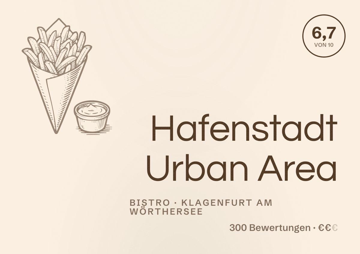Illustriertes Poster von Hafenstadt Urban Area, Bistro in Klagenfurt am Wörthersee: Bewertung 6,7 von 10 aus 300 Bewertungen, Preisniveau €€