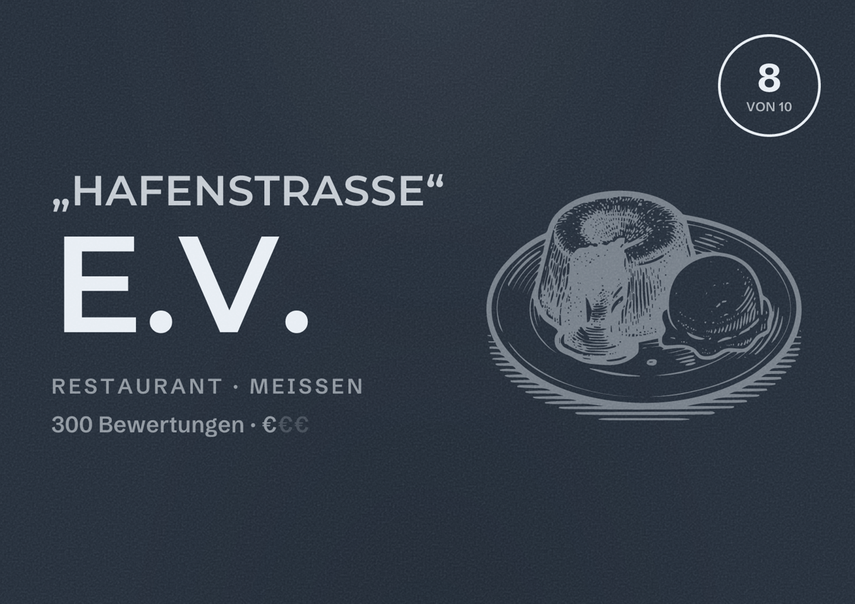 Illustriertes Poster von „Hafenstraße“ e.V., Restaurant in Meißen: Bewertung 8 von 10 aus 300 Bewertungen, Preisniveau €