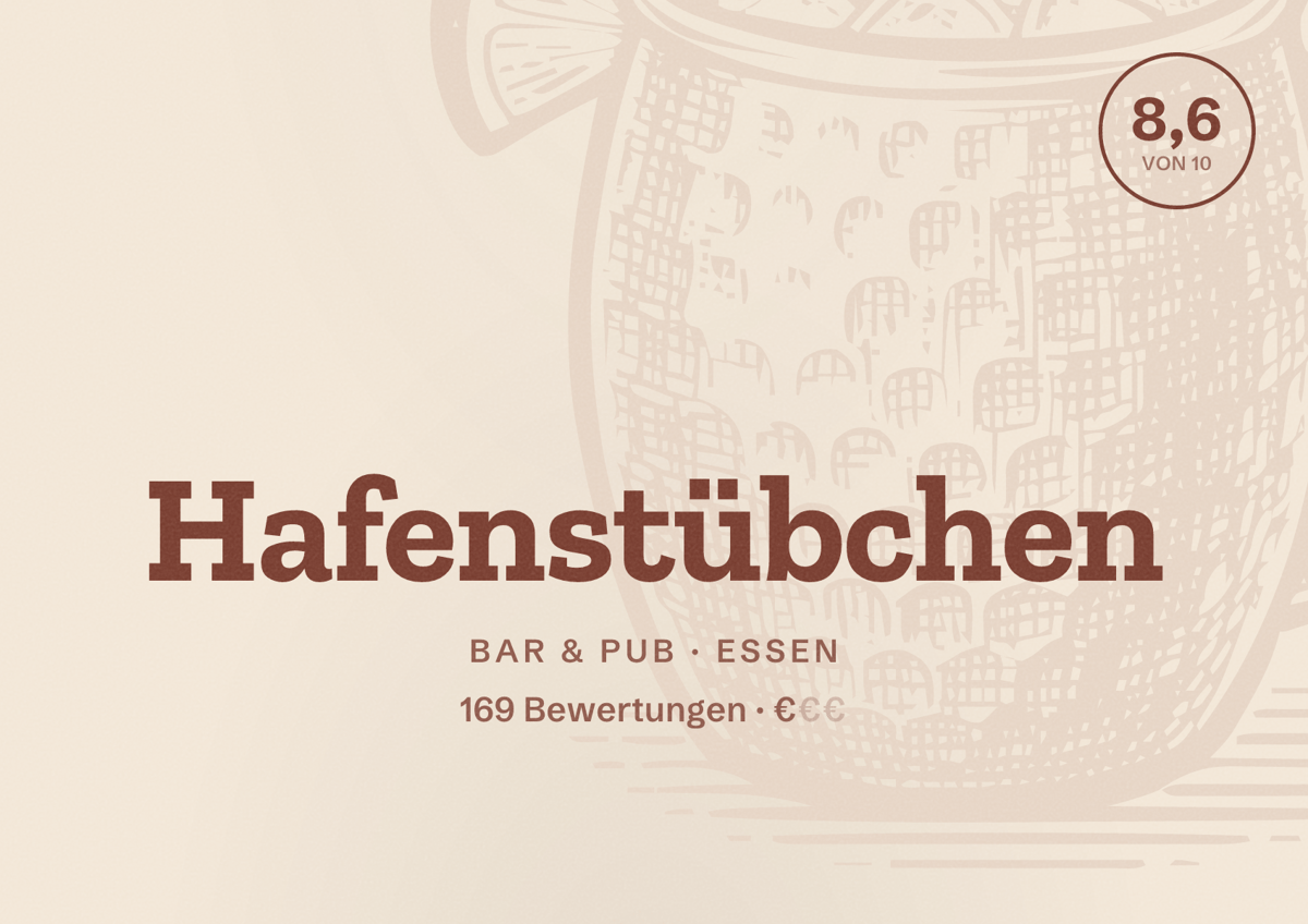 Illustriertes Poster von Hafenstübchen, Bar & Pub in Essen: Bewertung 8,6 von 10 aus 169 Bewertungen, Preisniveau €