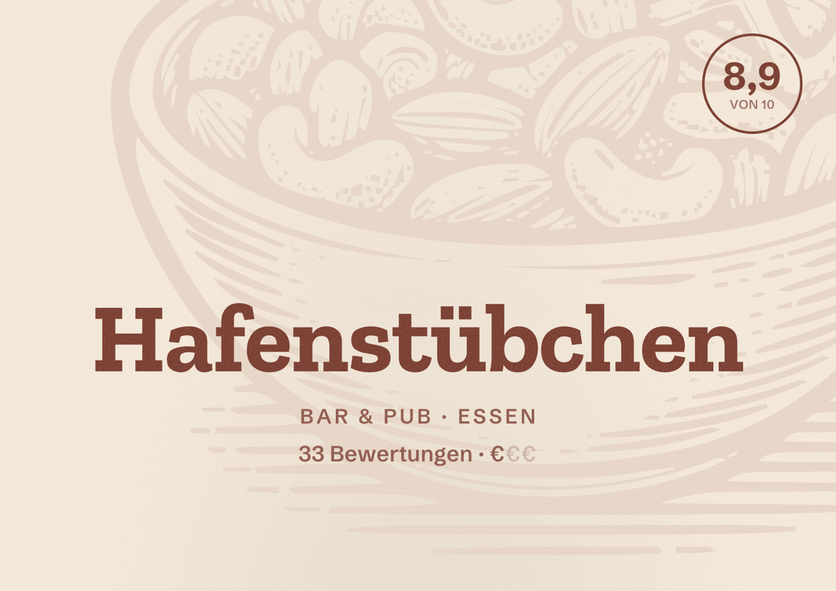 Illustriertes Poster von Hafenstübchen, Bar & Pub in Essen: Bewertung 8,9 von 10 aus 33 Bewertungen, Preisniveau €