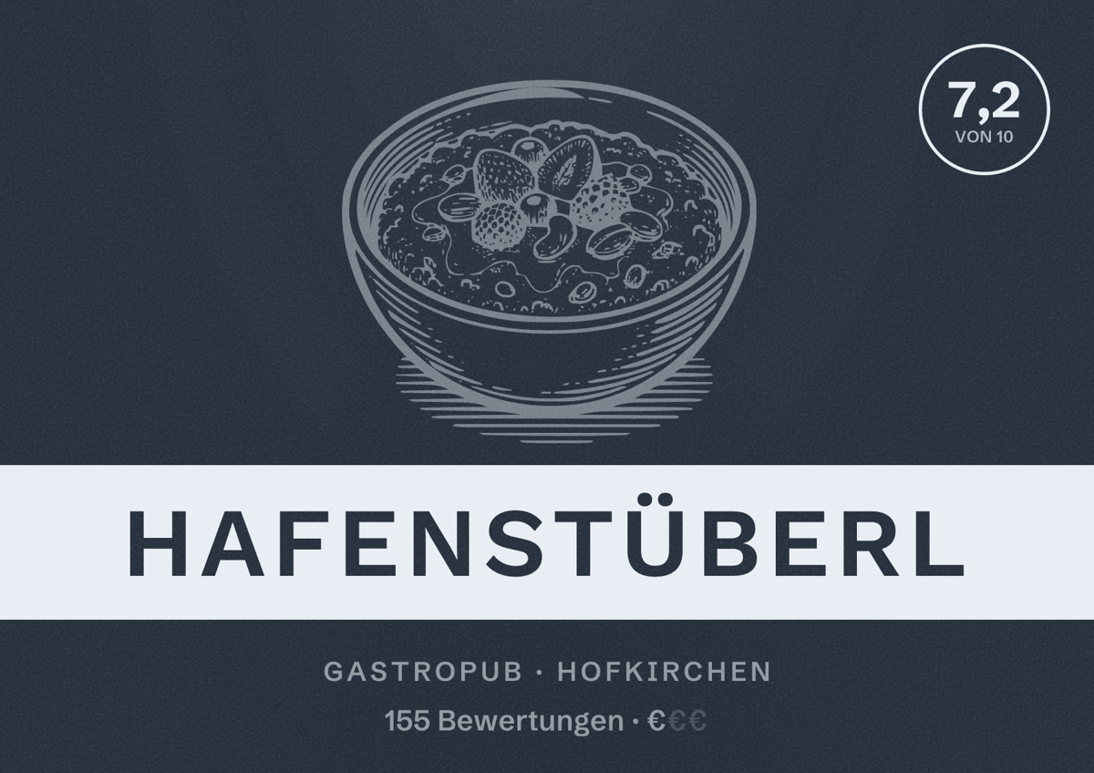 Illustriertes Poster von Hafenstüberl, Gastropub in Hofkirchen: Bewertung 7,2 von 10 aus 155 Bewertungen, Preisniveau €