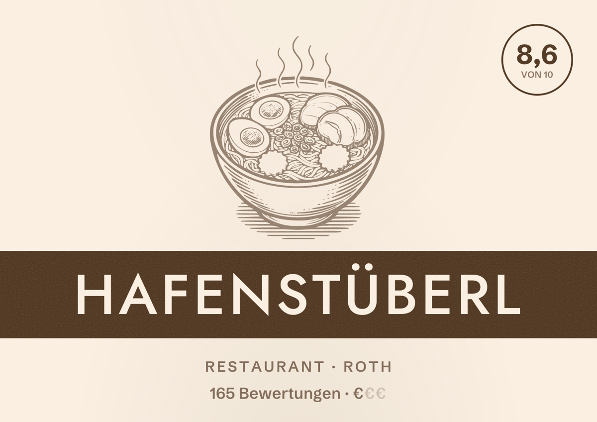 Illustriertes Poster von Hafenstüberl, Restaurant in Roth: Bewertung 8,6 von 10 aus 165 Bewertungen, Preisniveau €