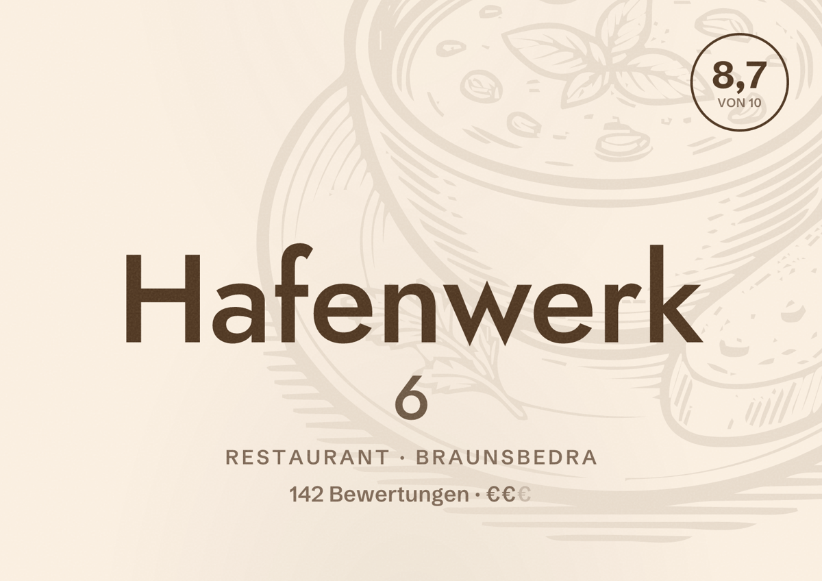 Illustriertes Poster von Hafenwerk 6, Restaurant in Braunsbedra: Bewertung 8,7 von 10 aus 142 Bewertungen, Preisniveau €€
