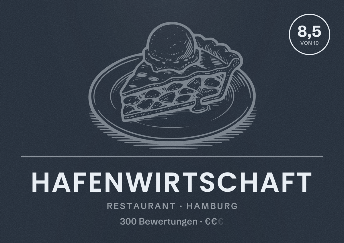 Illustriertes Poster von Hafenwirtschaft, Restaurant in Hamburg: Bewertung 8,5 von 10 aus 300 Bewertungen, Preisniveau €€