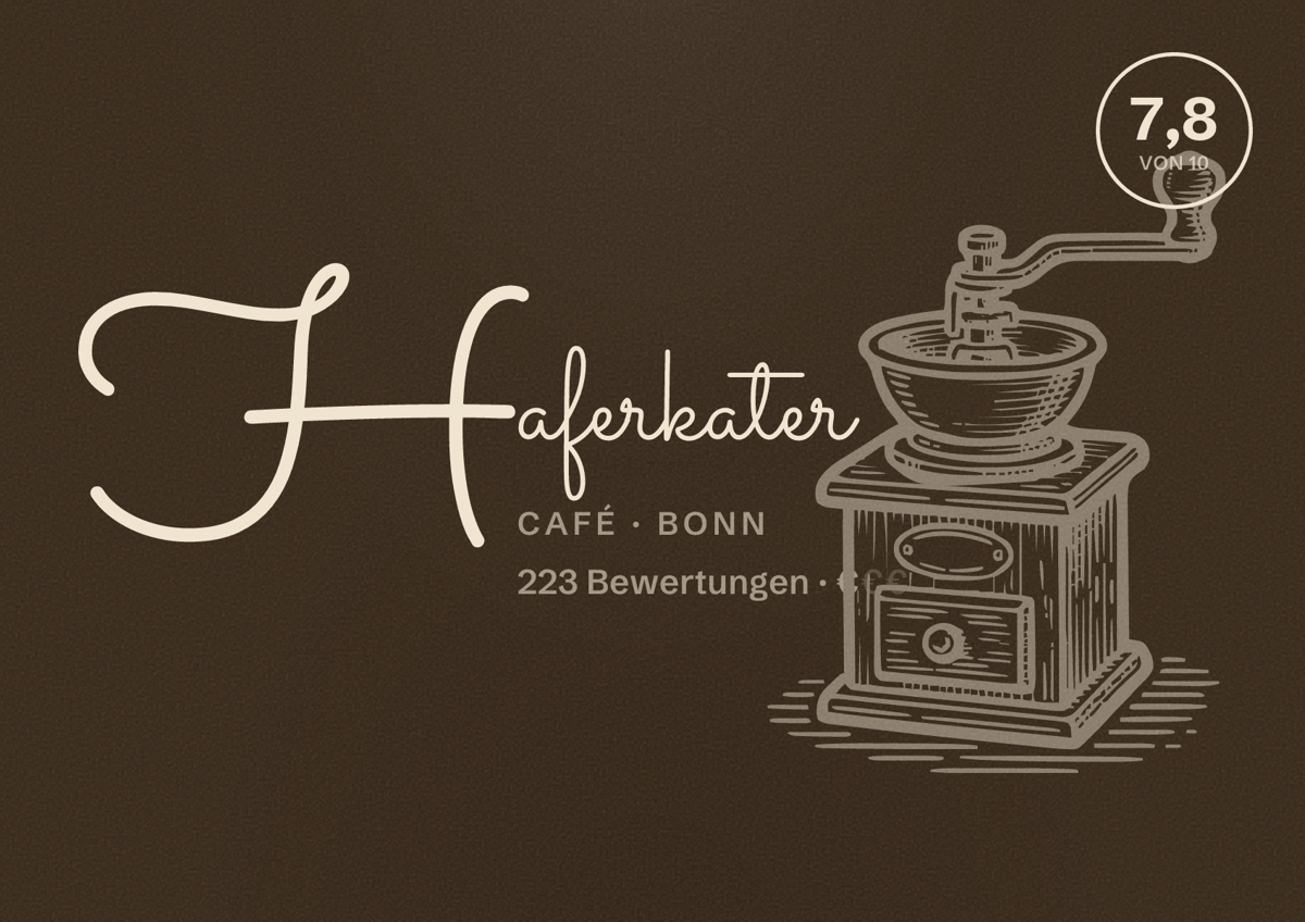 Illustriertes Poster von Haferkater, Café in Bonn: Bewertung 7,8 von 10 aus 223 Bewertungen, Preisniveau €