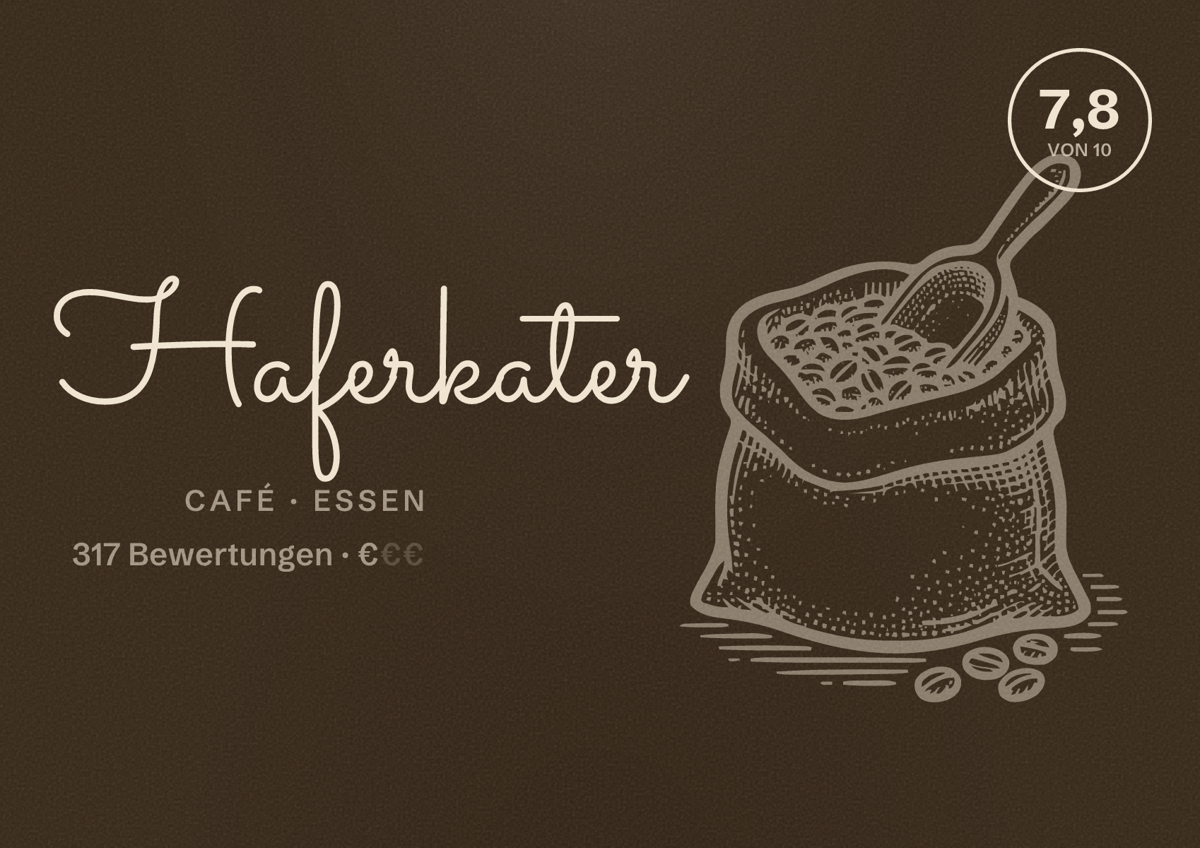 Illustriertes Poster von Haferkater, Café in Essen: Bewertung 7,8 von 10 aus 317 Bewertungen, Preisniveau €