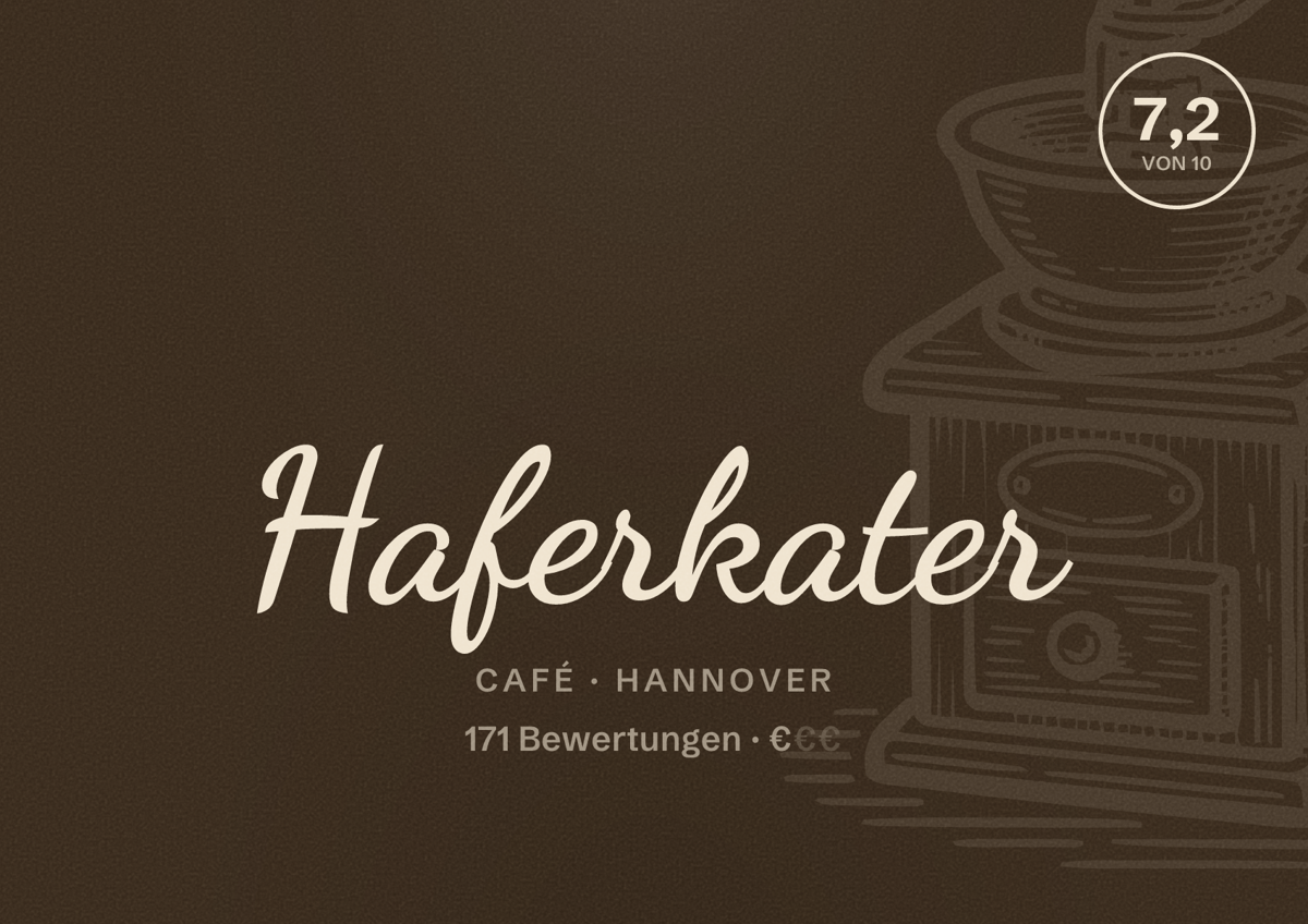 Illustriertes Poster von Haferkater, Café in Hannover: Bewertung 7,2 von 10 aus 171 Bewertungen, Preisniveau €