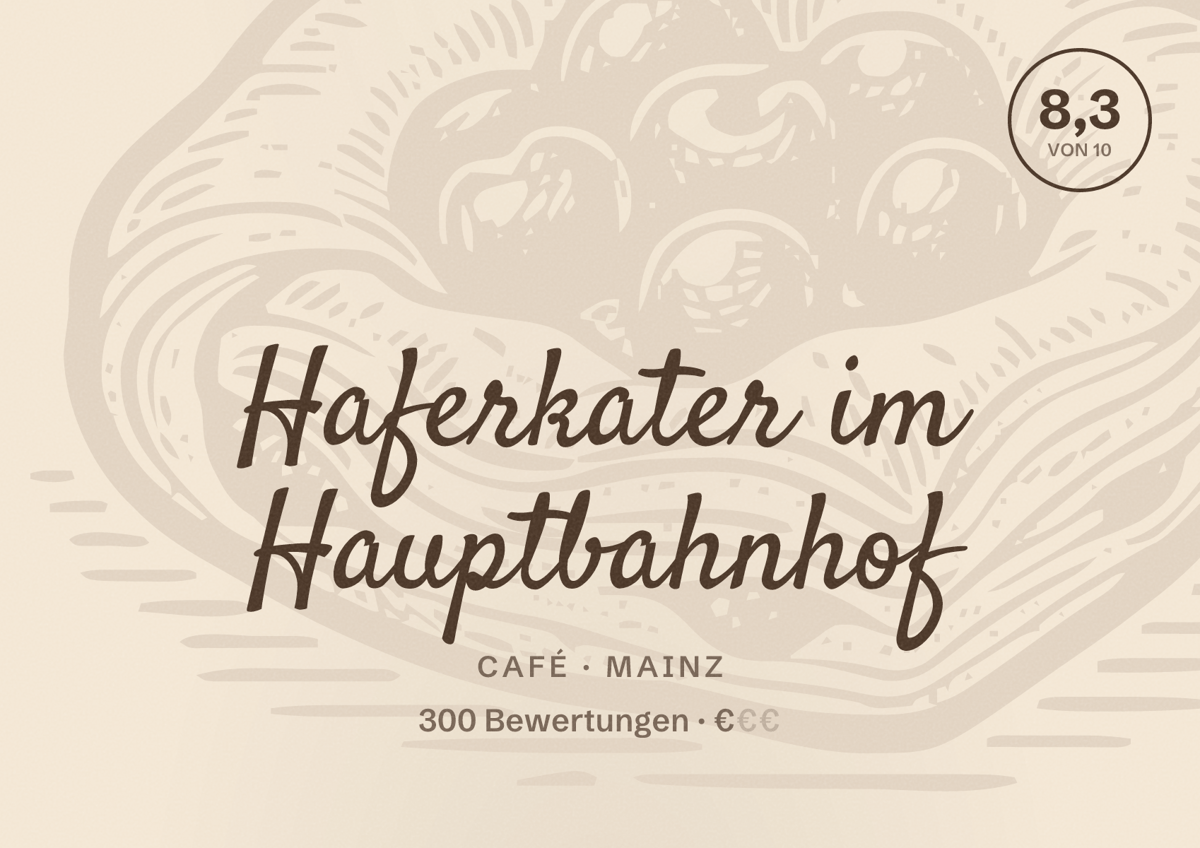 Illustriertes Poster von Haferkater im Hauptbahnhof, Café in Mainz: Bewertung 8,3 von 10 aus 300 Bewertungen, Preisniveau €