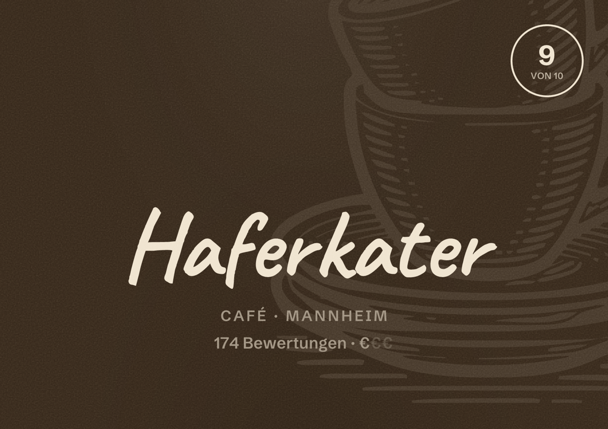 Illustriertes Poster von Haferkater, Café in Mannheim: Bewertung 9 von 10 aus 174 Bewertungen, Preisniveau €