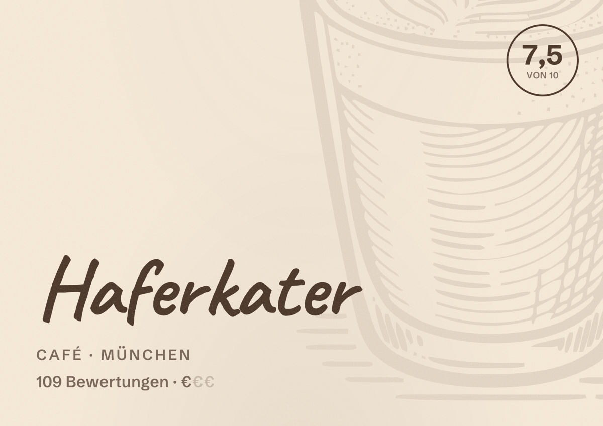 Illustriertes Poster von Haferkater, Café in München: Bewertung 7,5 von 10 aus 109 Bewertungen, Preisniveau €