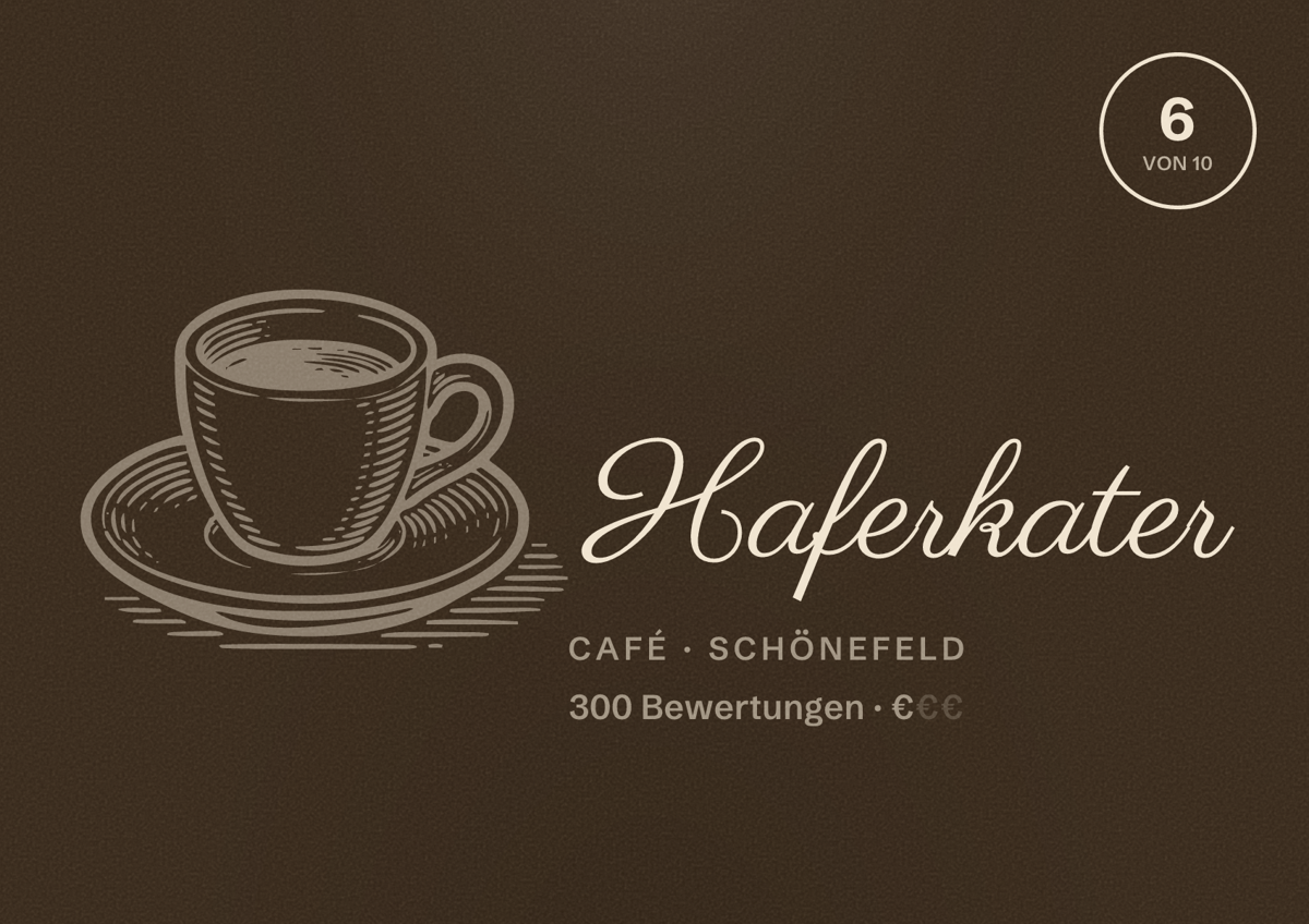 Illustriertes Poster von Haferkater, Café in Schönefeld: Bewertung 6 von 10 aus 300 Bewertungen, Preisniveau €