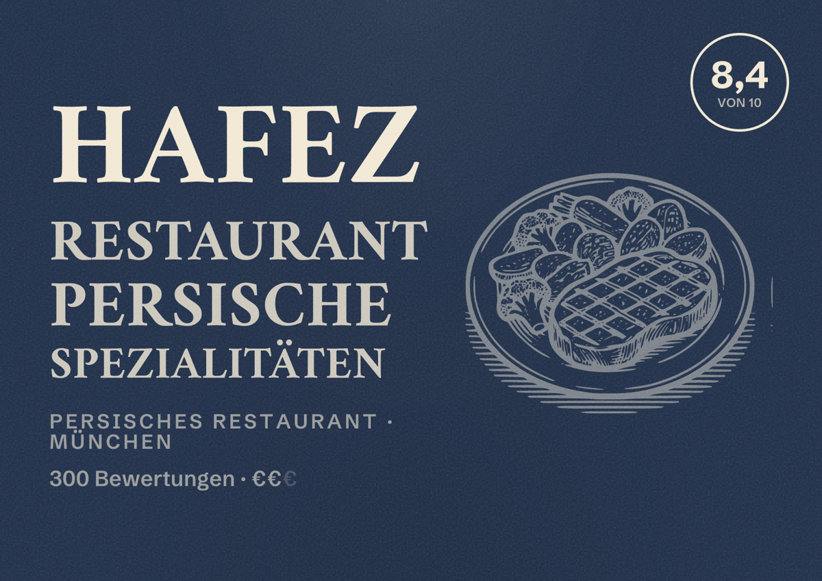 Illustriertes Poster von Hafez Restaurant persische Spezialitäten, Persisches Restaurant in München: Bewertung 8,4 von 10 aus 300 Bewertungen, Preisniveau €€