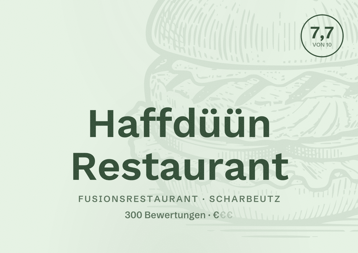 Illustriertes Poster von Haffdüün Restaurant, Fusionsrestaurant in Scharbeutz: Bewertung 7,7 von 10 aus 300 Bewertungen, Preisniveau €