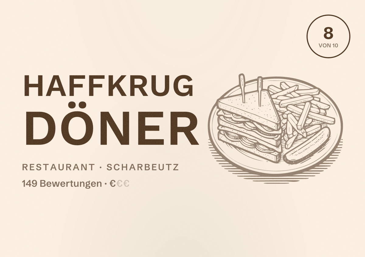 Illustriertes Poster von Haffkrug Döner, Restaurant in Scharbeutz: Bewertung 8 von 10 aus 149 Bewertungen, Preisniveau €