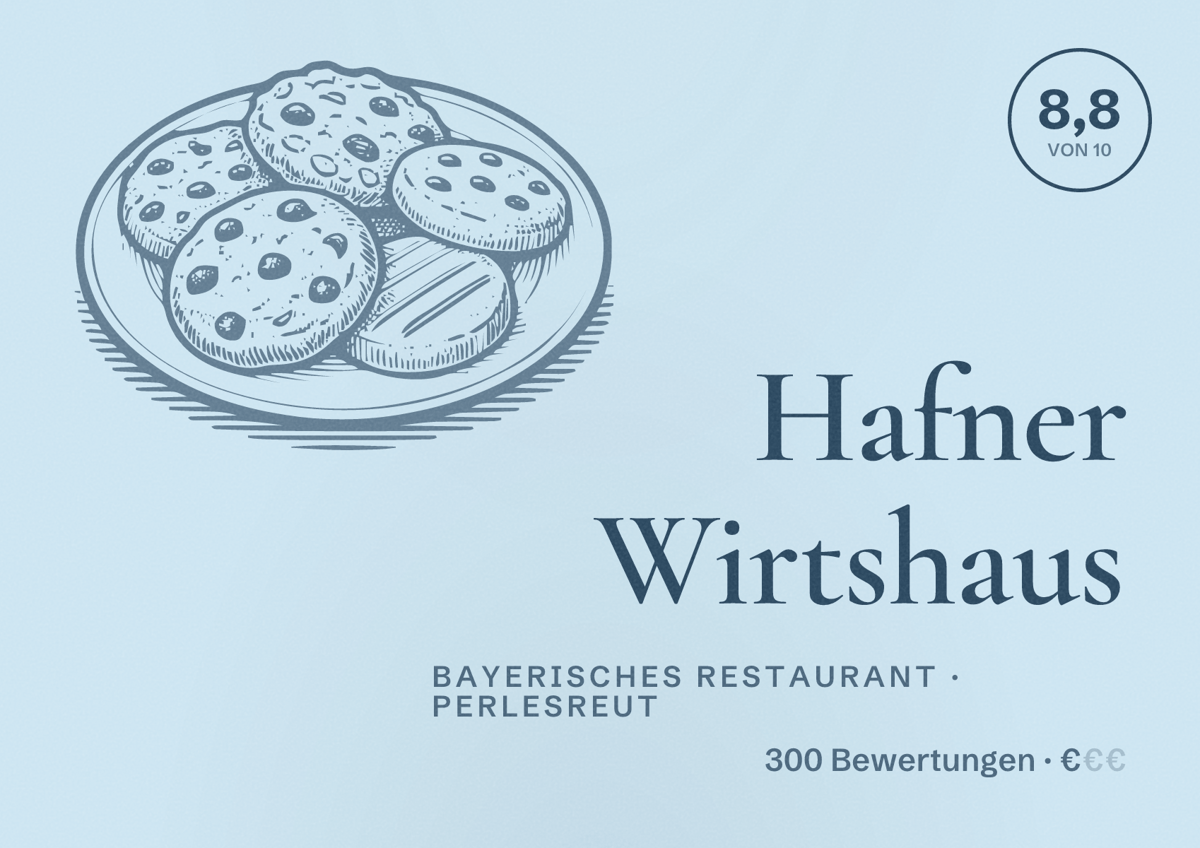 Illustriertes Poster von Hafner Wirtshaus, Bayerisches Restaurant in Perlesreut: Bewertung 8,8 von 10 aus 300 Bewertungen, Preisniveau €