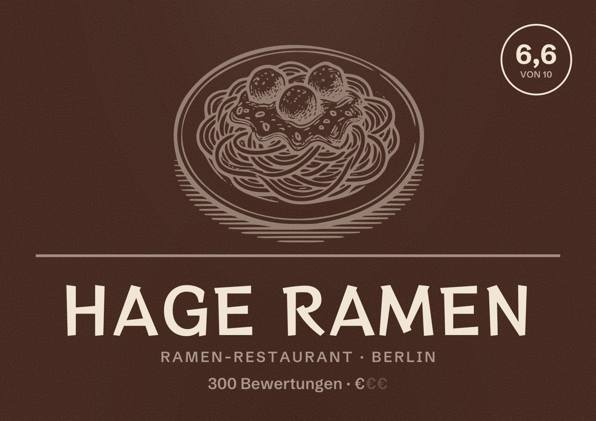 Illustriertes Poster von Hage Ramen, Ramen-Restaurant in Berlin: Bewertung 6,6 von 10 aus 300 Bewertungen, Preisniveau €