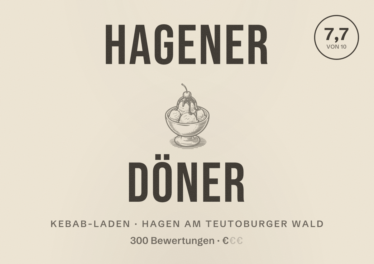 Illustriertes Poster von Hagener Döner, Kebab-Laden in Hagen am Teutoburger Wald: Bewertung 7,7 von 10 aus 300 Bewertungen, Preisniveau €