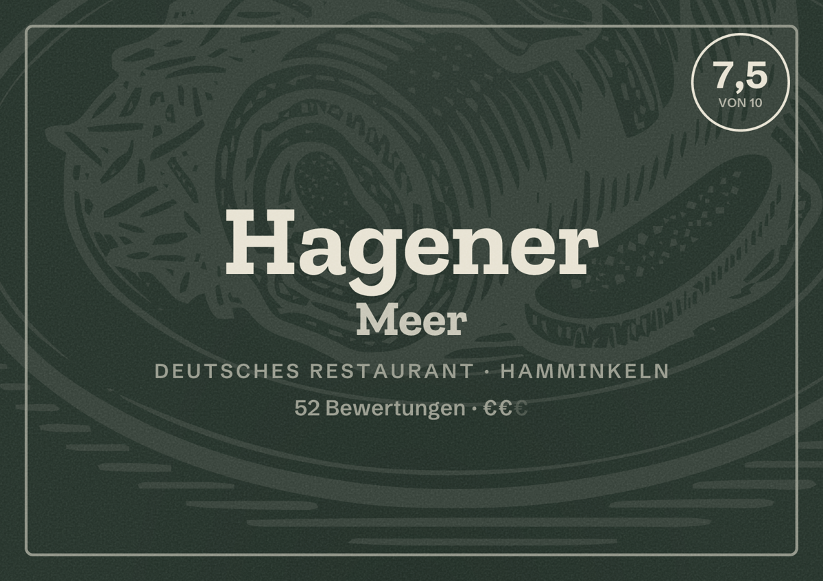 Illustriertes Poster von Hagener Meer, Deutsches Restaurant in Hamminkeln: Bewertung 7,5 von 10 aus 52 Bewertungen, Preisniveau €€