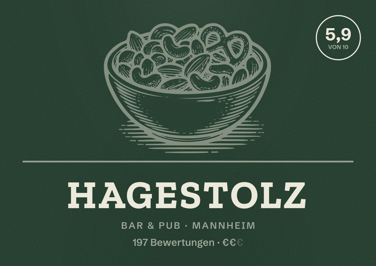 Illustriertes Poster von Hagestolz, Bar & Pub in Mannheim: Bewertung 5,9 von 10 aus 197 Bewertungen, Preisniveau €€