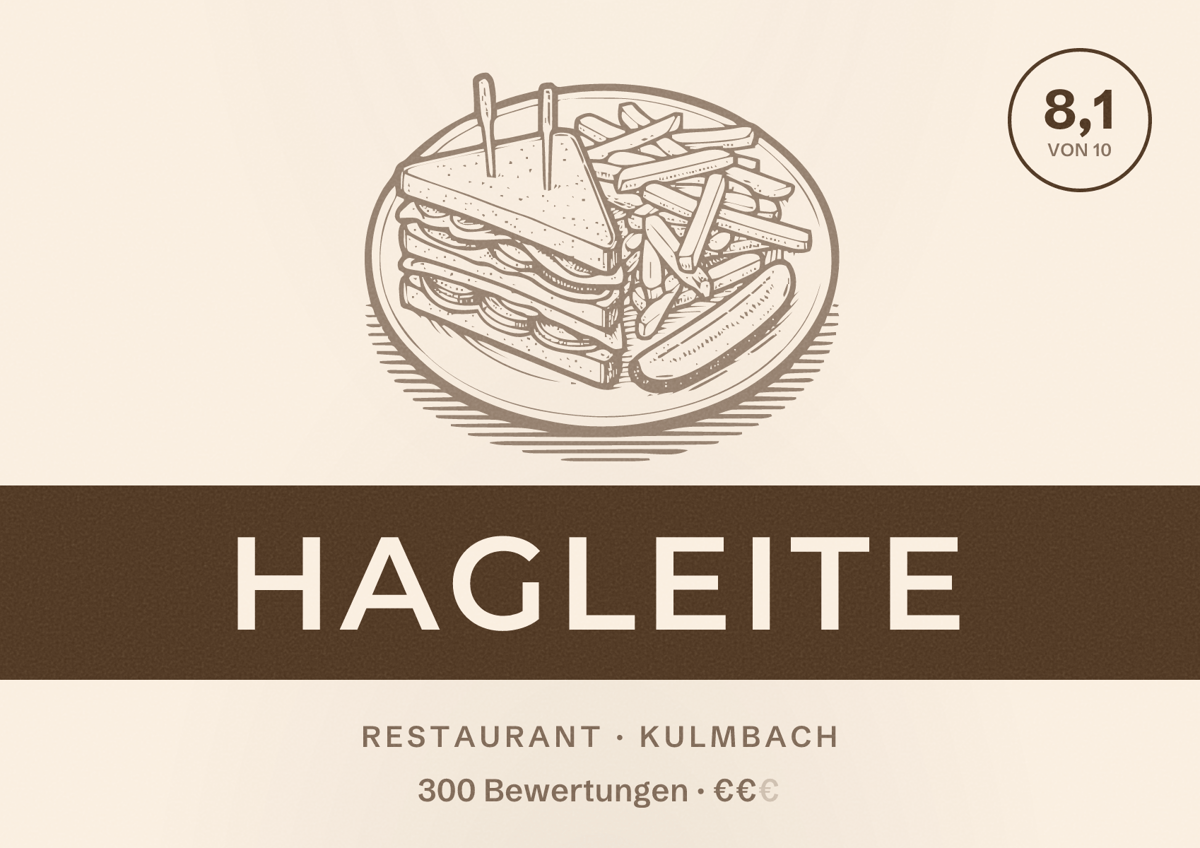 Illustriertes Poster von Hagleite, Restaurant in Kulmbach: Bewertung 8,1 von 10 aus 300 Bewertungen, Preisniveau €€