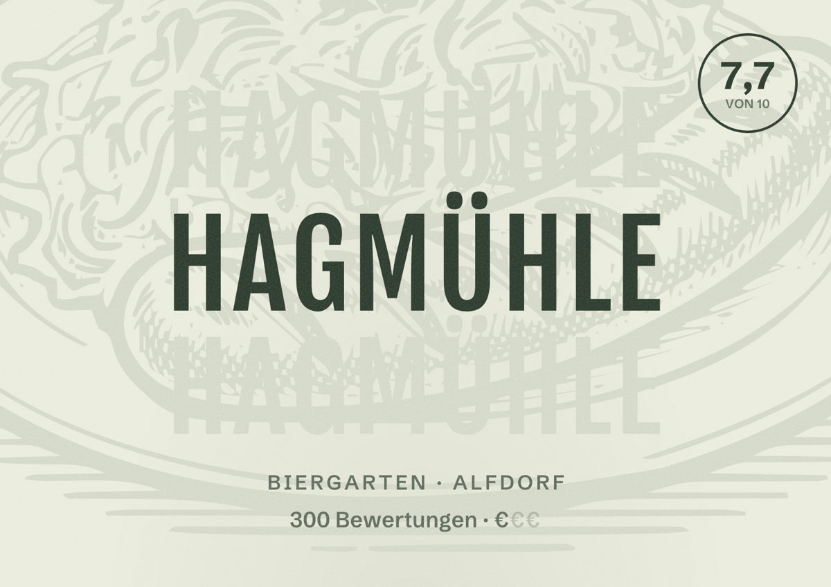 Illustriertes Poster von Hagmühle, Biergarten in Alfdorf: Bewertung 7,7 von 10 aus 300 Bewertungen, Preisniveau €