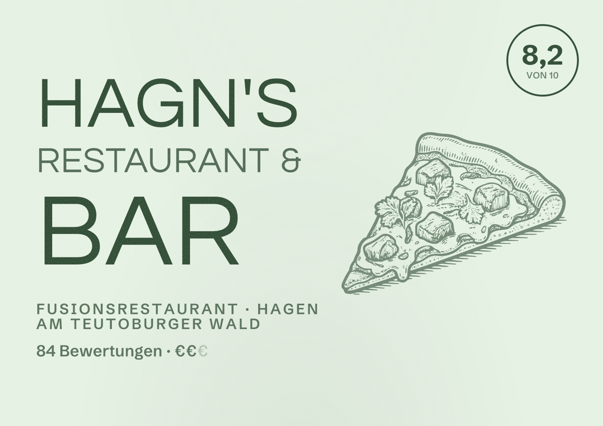 Illustriertes Poster von Hagn's Restaurant & Bar, Fusionsrestaurant in Hagen am Teutoburger Wald: Bewertung 8,2 von 10 aus 84 Bewertungen, Preisniveau €€