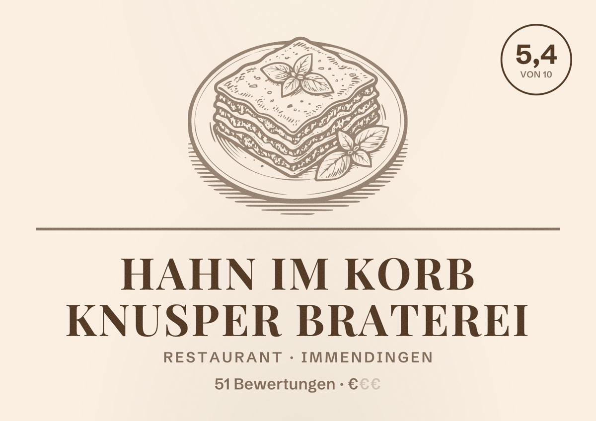 Illustriertes Poster von Hahn Im Korb Knusper Braterei, Restaurant in Immendingen: Bewertung 5,4 von 10 aus 51 Bewertungen, Preisniveau €
