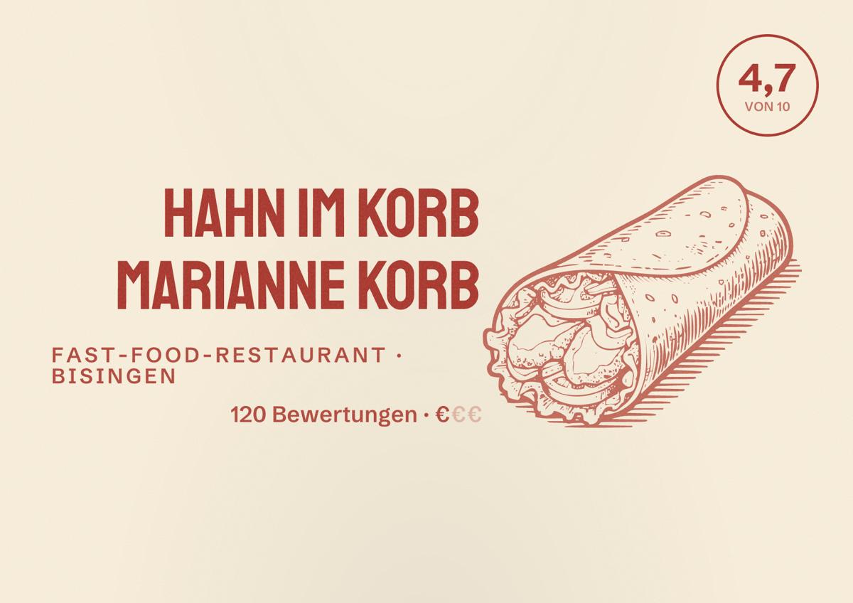 Illustriertes Poster von Hahn im Korb Marianne Korb, Fast-Food-Restaurant in Bisingen: Bewertung 4,7 von 10 aus 120 Bewertungen, Preisniveau €