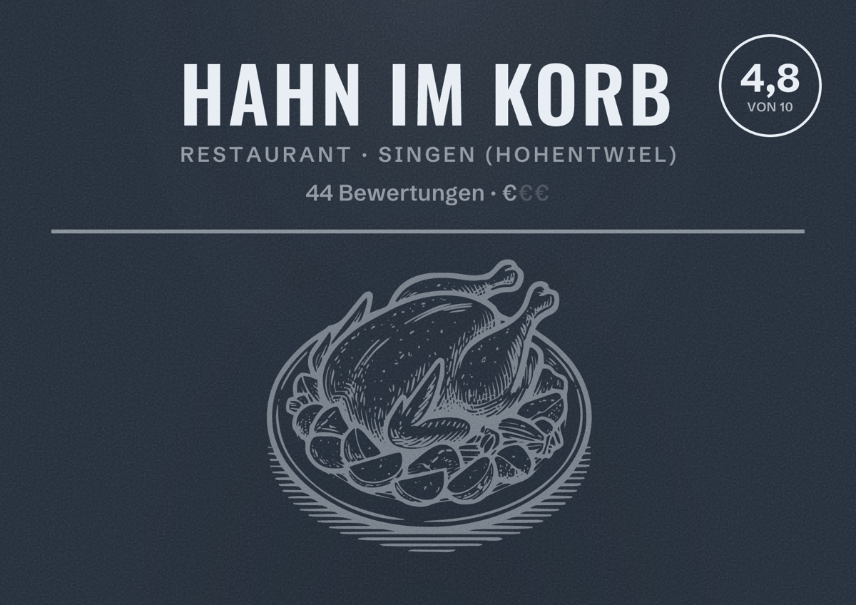 Illustriertes Poster von Hahn im Korb, Restaurant in Singen (Hohentwiel): Bewertung 4,8 von 10 aus 44 Bewertungen, Preisniveau €