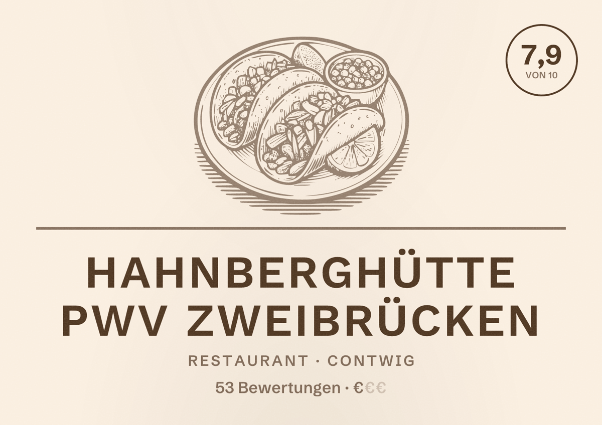 Illustriertes Poster von Hahnberghütte PWV Zweibrücken, Restaurant in Contwig: Bewertung 7,9 von 10 aus 53 Bewertungen, Preisniveau €