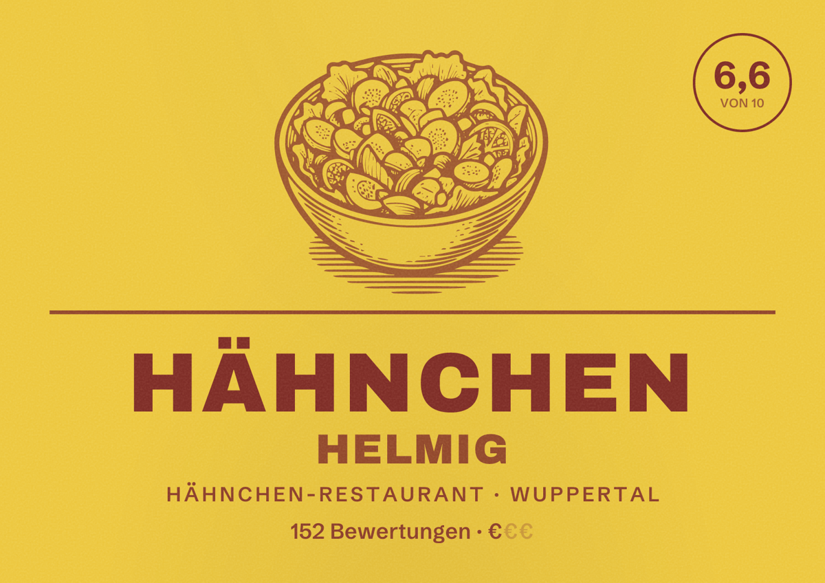 Illustriertes Poster von Hähnchen Helmig, Hähnchen-Restaurant in Wuppertal: Bewertung 6,6 von 10 aus 152 Bewertungen, Preisniveau €