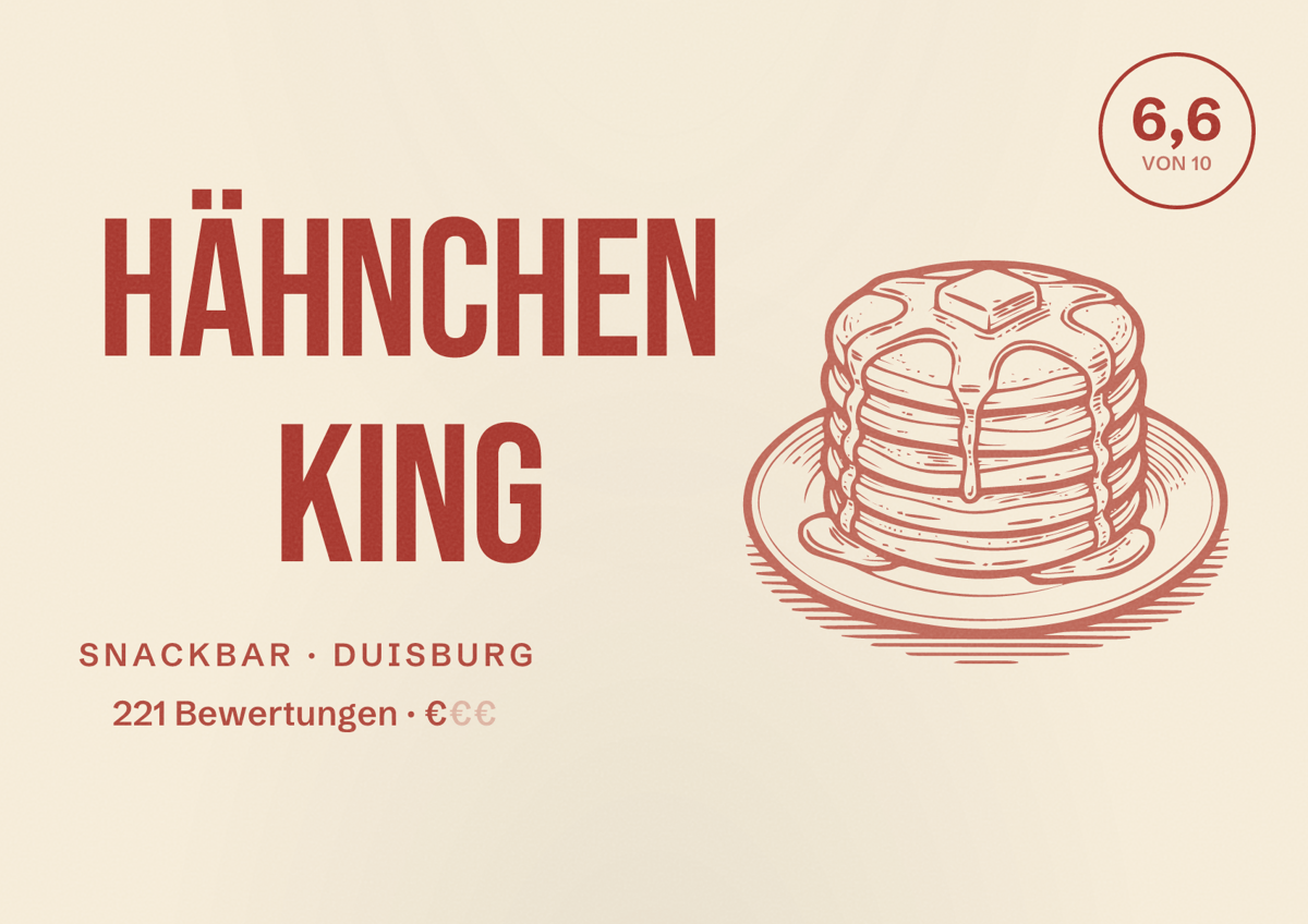 Illustriertes Poster von Hähnchen King, Snackbar in Duisburg: Bewertung 6,6 von 10 aus 221 Bewertungen, Preisniveau €