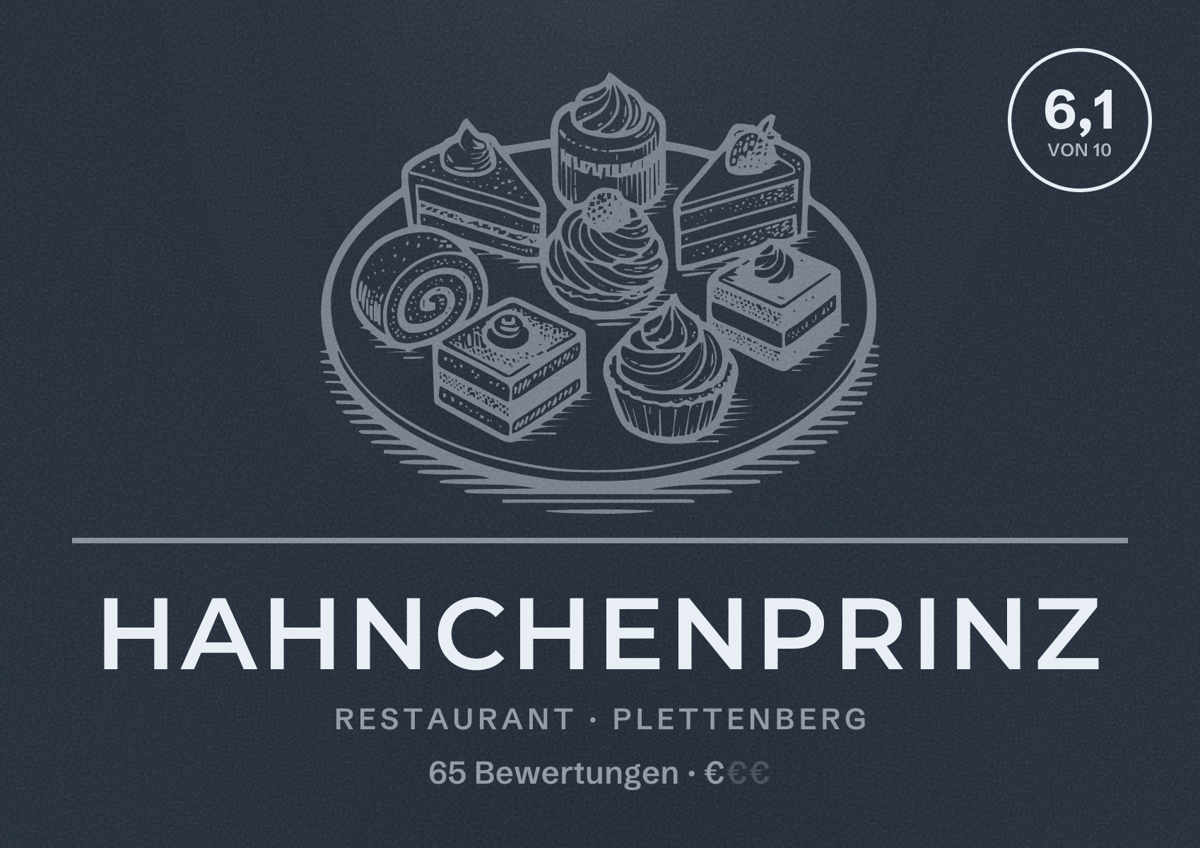 Illustriertes Poster von Hahnchenprinz, Restaurant in Plettenberg: Bewertung 6,1 von 10 aus 65 Bewertungen, Preisniveau €