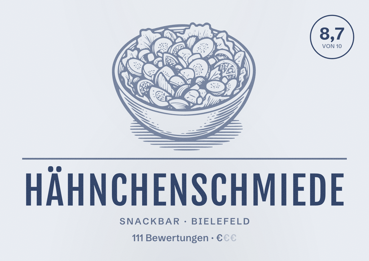 Illustriertes Poster von Hähnchenschmiede, Snackbar in Bielefeld: Bewertung 8,7 von 10 aus 111 Bewertungen, Preisniveau €