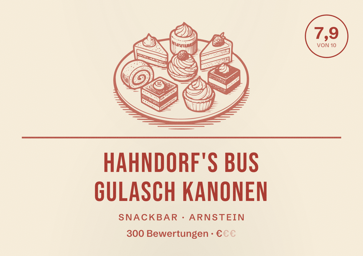 Illustriertes Poster von Hahndorf's Bus Gulasch Kanonen, Snackbar in Arnstein: Bewertung 7,9 von 10 aus 300 Bewertungen, Preisniveau €