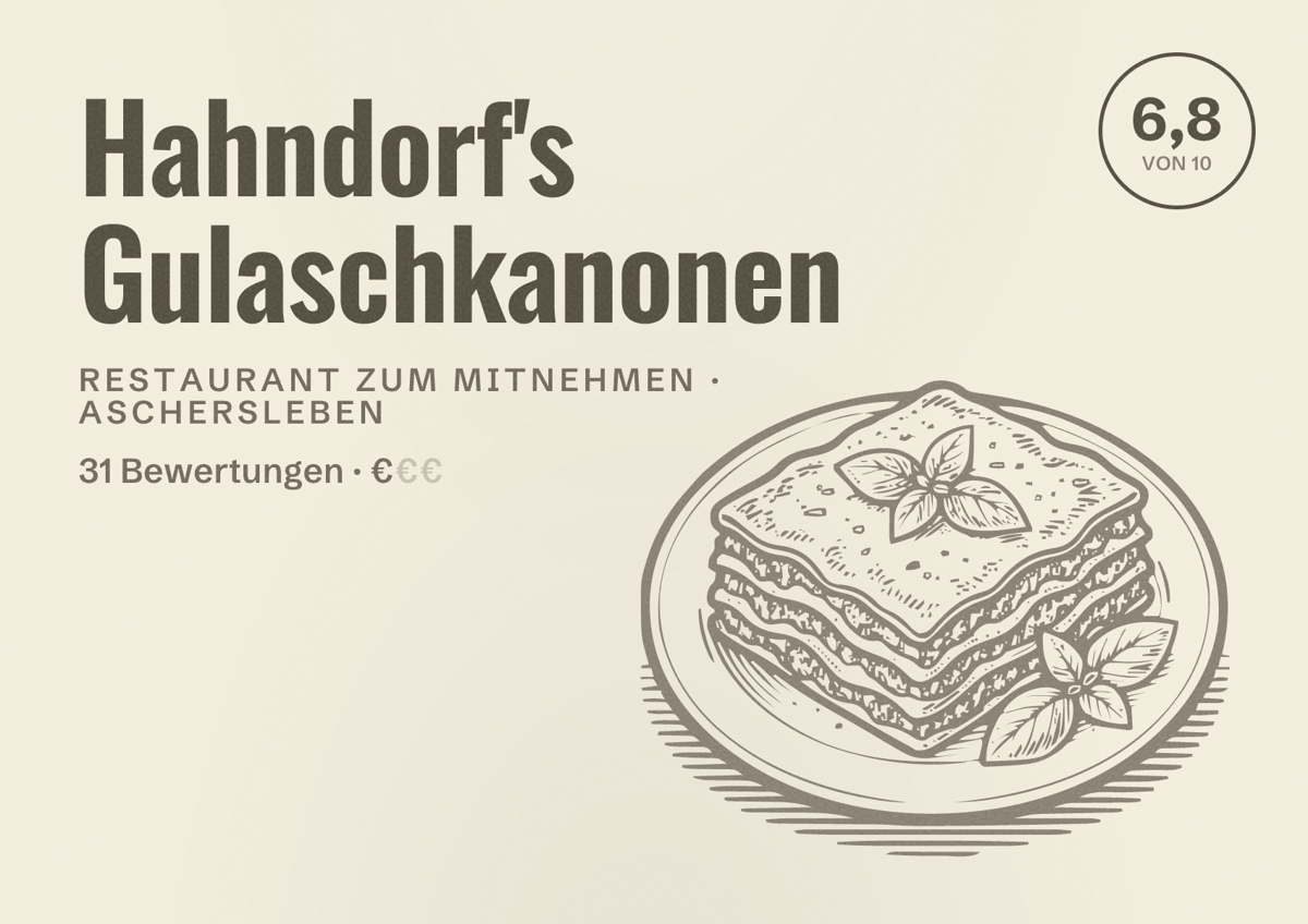 Illustriertes Poster von Hahndorf's Gulaschkanonen, Restaurant zum Mitnehmen in Aschersleben: Bewertung 6,8 von 10 aus 31 Bewertungen, Preisniveau €