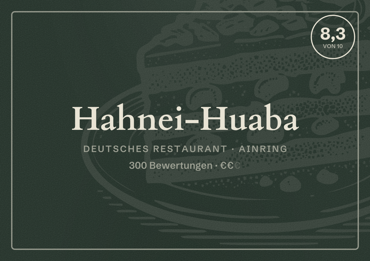 Illustriertes Poster von Hahnei-Huaba, Deutsches Restaurant in Ainring: Bewertung 8,3 von 10 aus 300 Bewertungen, Preisniveau €€