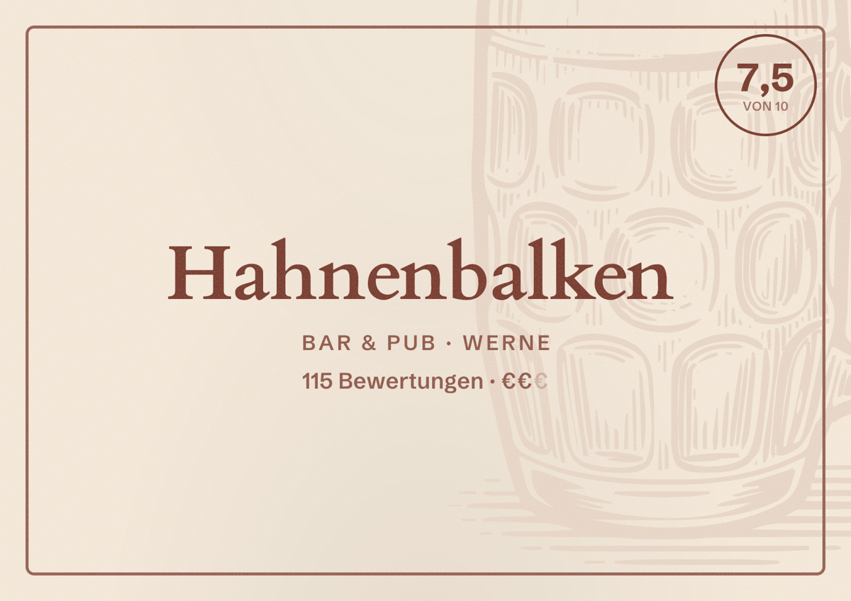 Illustriertes Poster von Hahnenbalken, Bar & Pub in Werne: Bewertung 7,5 von 10 aus 115 Bewertungen, Preisniveau €€