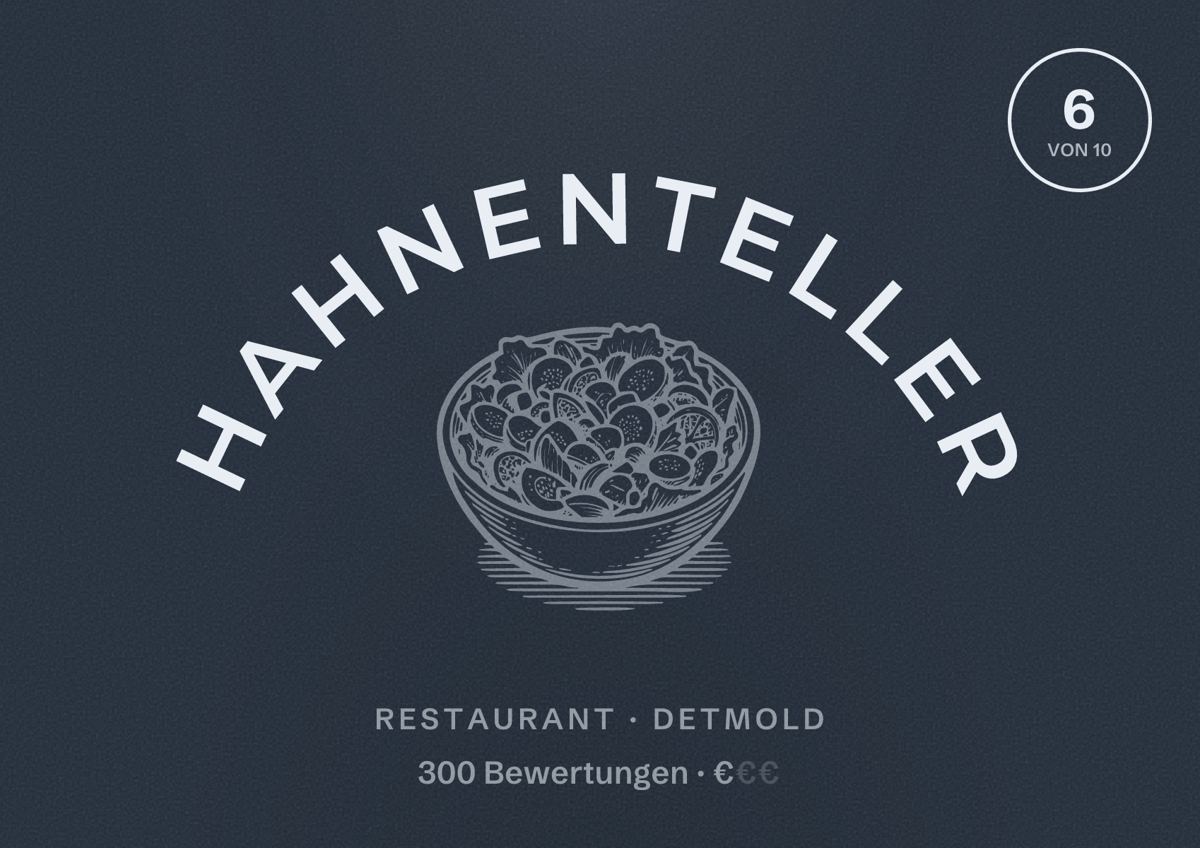 Illustriertes Poster von Hahnenteller, Restaurant in Detmold: Bewertung 6 von 10 aus 300 Bewertungen, Preisniveau €